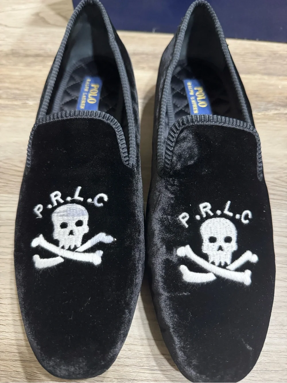 Polo by Ralph Lauren Black Velvet Slip-On Loafers with White Skull Embroidery